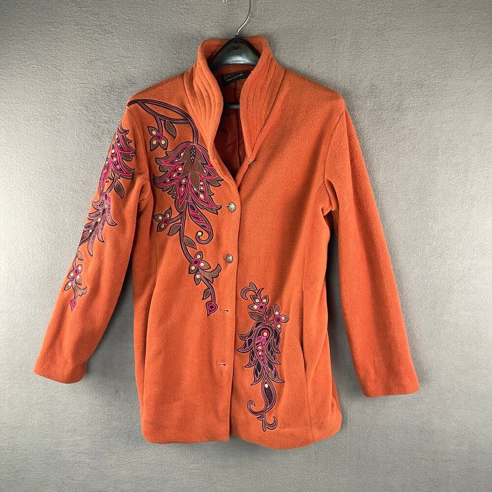 Bob Mackie Wearable Art Burnt Orange Embroidered Fleece Jacket Women's Small